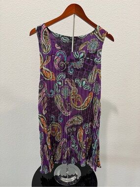 Sunny Taylor Purple Paisley Crinkle Pleated Sleeveless Tunic Top L